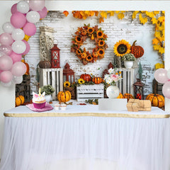 Lofaris Rustic Autumn Thanksgiving Backdrop with Pumpkins and Sunflowers, White Brick Wall Photography Background for Harvest Decor