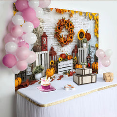 Lofaris Rustic Autumn Thanksgiving Backdrop with Pumpkins and Sunflowers, White Brick Wall Photography Background for Harvest Decor