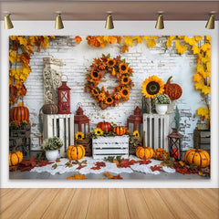 Lofaris Rustic Autumn Thanksgiving Backdrop with Pumpkins and Sunflowers, White Brick Wall Photography Background for Harvest Decor