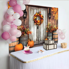Lofaris Rustic Wooden Door Thanksgiving Backdrop with Fall Wreath, Pumpkins and Autumn Leaves for Harvest Party Photography