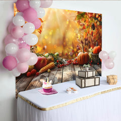 Lofaris Rustic Wood Thanksgiving Backdrop with Pumpkins and Autumn Leaves, Golden Bokeh Harvest Photography Background for Party Decor