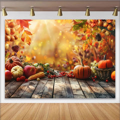 Lofaris Rustic Wood Thanksgiving Backdrop with Pumpkins and Autumn Leaves, Golden Bokeh Harvest Photography Background for Party Decor