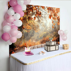 Lofaris Rustic Autumn Photography Backdrop with Falling Orange Leaves, Misty Forest Background for Seasonal Photoshoot
