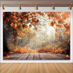 Lofaris Rustic Autumn Photography Backdrop with Falling Orange Leaves, Misty Forest Background for Seasonal Photoshoot
