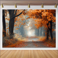 Lofaris Misty Autumn Forest Photography Backdrop with Orange Leaves and Path, Natural Scenery Background for Studio Portrait