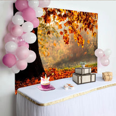 Lofaris Golden Autumn Leaves Photography Backdrop with Tree Trunk and Fallen Foliage, Misty Forest Background for Seasonal Portrait