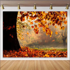 Lofaris Golden Autumn Leaves Photography Backdrop with Tree Trunk and Fallen Foliage, Misty Forest Background for Seasonal Portrait