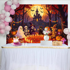 Lofaris Spooky Halloween Backdrop with Haunted House and Full Moon, Friendly Monsters and Autumn Leaves Party Decor