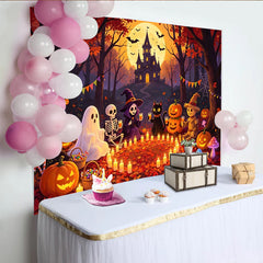 Lofaris Spooky Halloween Backdrop with Haunted House and Full Moon, Friendly Monsters and Autumn Leaves Party Decor