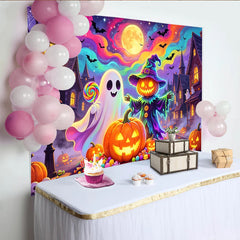 Lofaris Vibrant Halloween Backdrop with Ghost and Pumpkin Scarecrow, Spooky Village Background for Party Decoration.