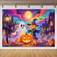 Lofaris Vibrant Halloween Backdrop with Ghost and Pumpkin Scarecrow, Spooky Village Background for Party Decoration.