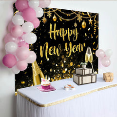 Lofaris Golden Glitter Happy New Year Backdrop with Champagne and Confetti, Elegant Party Background for Festive Celebration