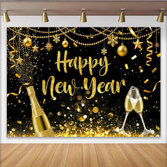 Lofaris Golden Glitter Happy New Year Backdrop with Champagne and Confetti, Elegant Party Background for Festive Celebration
