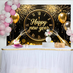 Lofaris Black and Gold Happy New Year Backdrop with Clock, Fireworks, and Champagne, Festive Party Background for Celebration Decor