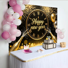 Lofaris Black and Gold Happy New Year Backdrop with Clock, Fireworks, and Champagne, Festive Party Background for Celebration Decor