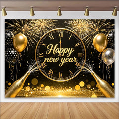 Lofaris Black and Gold Happy New Year Backdrop with Clock, Fireworks, and Champagne, Festive Party Background for Celebration Decor