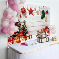 Lofaris Festive Christmas Backdrop with Decorated Trees, Gifts, and Falling Snow, Winter Holiday Scene for Photography and Party Decor