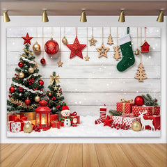Lofaris Festive Christmas Backdrop with Decorated Trees, Gifts, and Falling Snow, Winter Holiday Scene for Photography and Party Decor