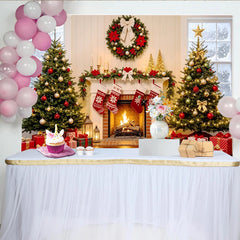 Lofaris Cozy Christmas Fireplace Backdrop with Decorated Trees and Stockings, Elegant Holiday Background for Family Photoshoot