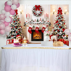 Lofaris Cozy Christmas Fireplace Backdrop with Snow-Dusted Trees, Red Ornaments and Festive Gifts, Winter Holiday for Family Photoshoot