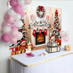 Lofaris Cozy Christmas Fireplace Backdrop with Snow-Dusted Trees, Red Ornaments and Festive Gifts, Winter Holiday for Family Photoshoot