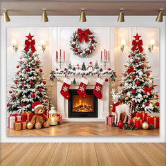 Lofaris Cozy Christmas Fireplace Backdrop with Snow-Dusted Trees, Red Ornaments and Festive Gifts, Winter Holiday for Family Photoshoot