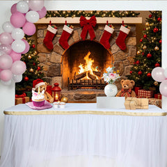 Lofaris Cozy Christmas Fireplace Backdrop with Decorated Trees, Stockings, and Gifts, Festive Holiday for Family Photography and Party Decor