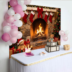 Lofaris Cozy Christmas Fireplace Backdrop with Decorated Trees, Stockings, and Gifts, Festive Holiday for Family Photography and Party Decor