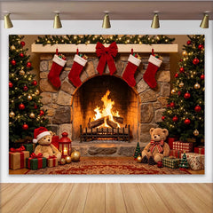 Lofaris Cozy Christmas Fireplace Backdrop with Decorated Trees, Stockings, and Gifts, Festive Holiday for Family Photography and Party Decor