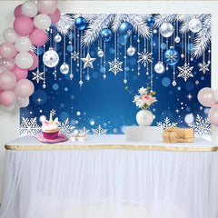 Lofaris Blue and White Christmas Backdrop with Ornaments and Snowflakes, Sparkling Winter Holiday Background for Festive Photoshoot