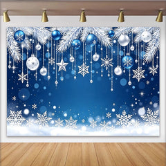 Lofaris Blue and White Christmas Backdrop with Ornaments and Snowflakes, Sparkling Winter Holiday Background for Festive Photoshoot