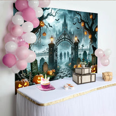 Lofaris Spooky Haunted Castle Halloween Backdrop with Full Moon and Jack-o'-Lanterns, Eerie Cemetery Gate Design for Party Decor