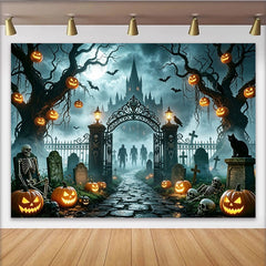 Lofaris Spooky Haunted Castle Halloween Backdrop with Full Moon and Jack-o'-Lanterns, Eerie Cemetery Gate Design for Party Decor