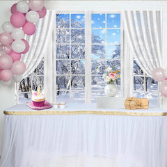 Lofaris Cozy Winter Window Photography Backdrop with Snowy Trees and Falling Snow, Scenic Studio Background for Holiday Photoshoot