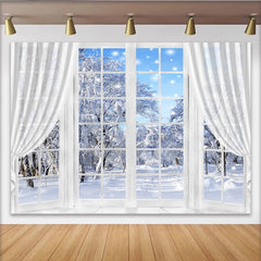Lofaris Cozy Winter Window Photography Backdrop with Snowy Trees and Falling Snow, Scenic Studio Background for Holiday Photoshoot