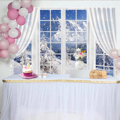 Lofaris Snowy Winter Window View Photography Backdrop with Pine Trees, Natural Mountain Landscape Background for Studio Photoshoot