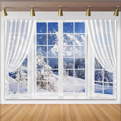 Lofaris Snowy Winter Window View Photography Backdrop with Pine Trees, Natural Mountain Landscape Background for Studio Photoshoot