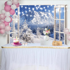 Lofaris Snowy Mountain Christmas Window Backdrop with String Lights, Beautiful Winter Photography Background for Holiday Decor