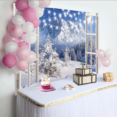 Lofaris Snowy Mountain Christmas Window Backdrop with String Lights, Beautiful Winter Photography Background for Holiday Decor