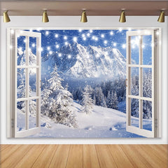 Lofaris Snowy Mountain Christmas Window Backdrop with String Lights, Beautiful Winter Photography Background for Holiday Decor