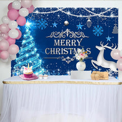Lofaris Sparkling Blue Christmas Backdrop with Reindeer and Snowflakes, Festive Winter Holiday Background for Party Decor