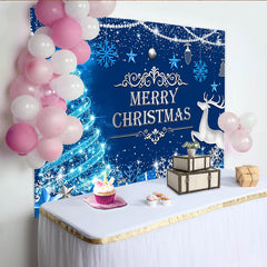 Lofaris Sparkling Blue Christmas Backdrop with Reindeer and Snowflakes, Festive Winter Holiday Background for Party Decor