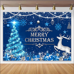 Lofaris Sparkling Blue Christmas Backdrop with Reindeer and Snowflakes, Festive Winter Holiday Background for Party Decor