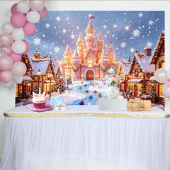 Lofaris Snowy Christmas Village Backdrop with Pink Castle and Reindeer, Enchanting Holiday Background for Festive Winter Event Photography