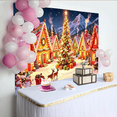 Lofaris Enchanted Christmas Village Backdrop with Snowy Houses and Bright Tree, Magical Winter Scene Background for Festive Celebrations