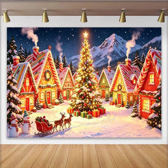 Lofaris Enchanted Christmas Village Backdrop with Snowy Houses and Bright Tree, Magical Winter Scene Background for Festive Celebrations