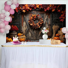 Lofaris Rustic Wooden Barn Halloween Backdrop with Carved Pumpkins and Autumn Leaves, Spooky Fall Photography Background for Party Decor