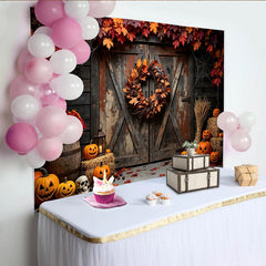 Lofaris Rustic Wooden Barn Halloween Backdrop with Carved Pumpkins and Autumn Leaves, Spooky Fall Photography Background for Party Decor