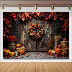 Lofaris Rustic Wooden Barn Halloween Backdrop with Carved Pumpkins and Autumn Leaves, Spooky Fall Photography Background for Party Decor
