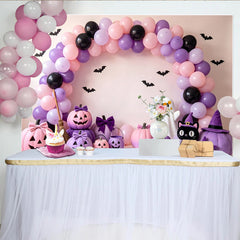 Lofaris Pastel Pink Purple Halloween Backdrop with Cute Pumpkins, Ghost, and Bats, Spooky Party Photography Background for Kids